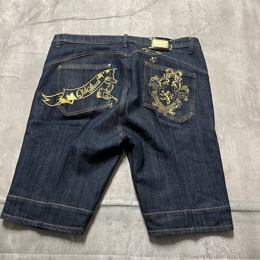 Old Skool Premium Jeans Wear Unisex Gold Embroidered Jean Shorts Size 24 Strecth